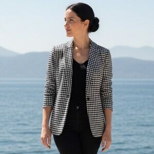 Preston & York Womens Black White Gingham Ruched Sleeve Blazer Jacket Size 12